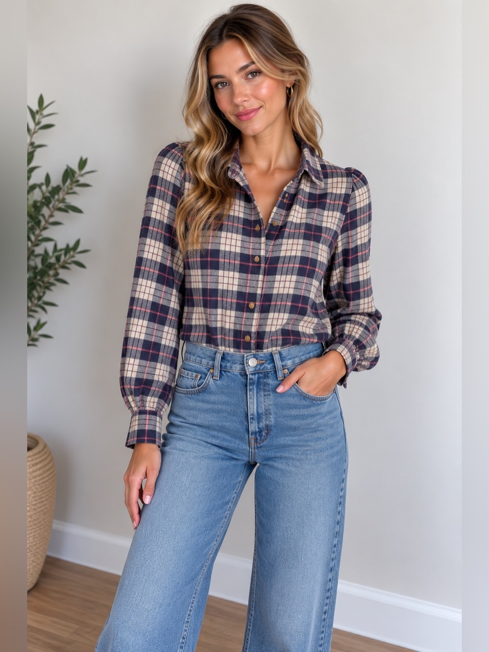 Rails Angelica Plaid Button-Down Flannel Shirt in Navy, Cream & Pink Sz Small